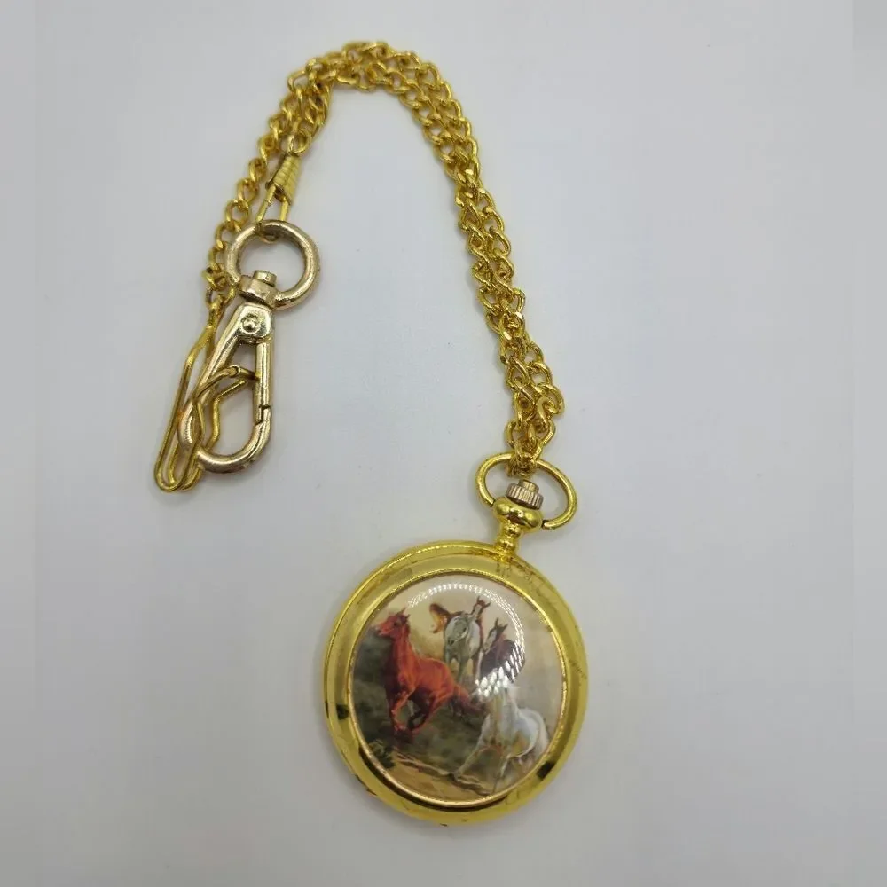 Vintage Gold horses pocket watch with chain